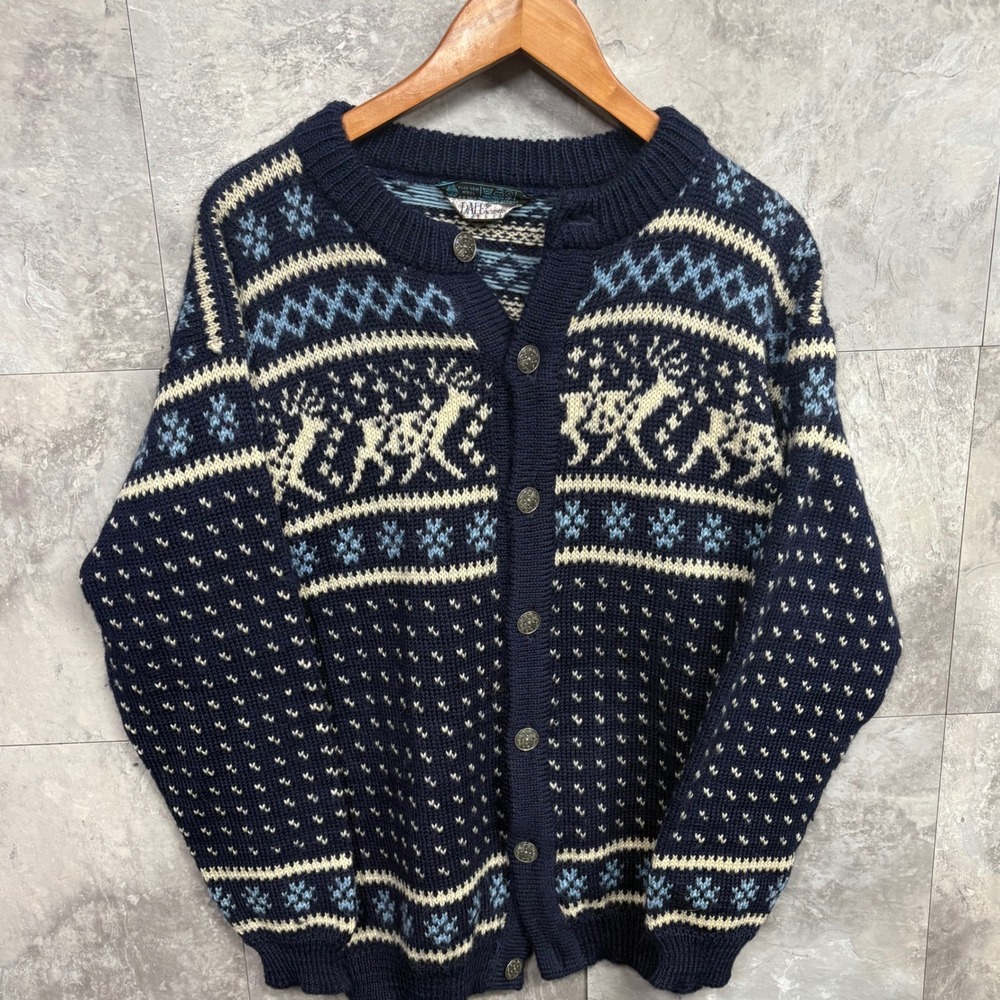 Dale of Norway Wool Cardigan Sweater Navy Blue Nordic Reindeer Fair Isle Large
